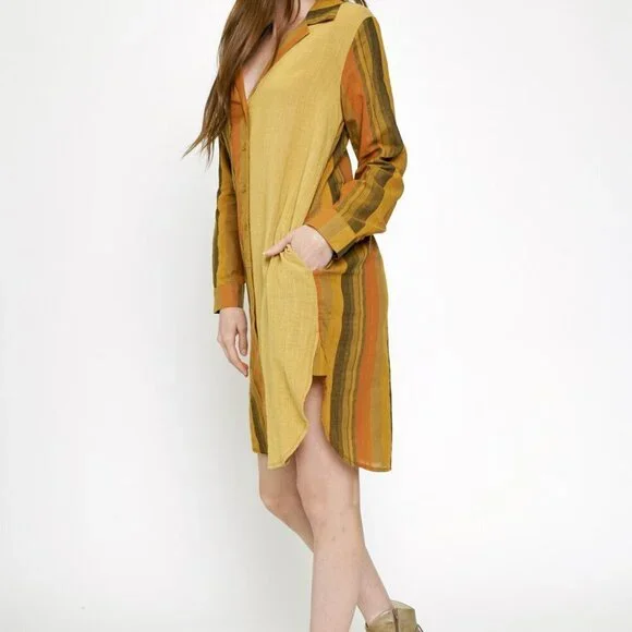 MYSTREE Mustard Rust Striped Button Down Shirt Dress Boho Fall Style - Picture 5 of 7